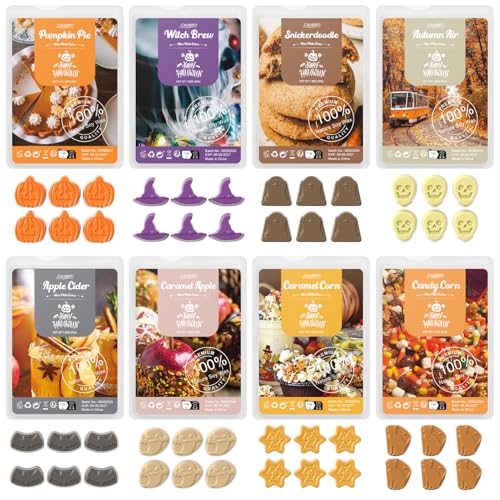 SALUBRITO Halloween Scented Wax Melts, Strong Scented Soy Wax Cubes/Tarts Variety Set for Fall- Pumpkin Pie, Caramel Apple, Caramel Corn, Apple Cider, Snickerdoodle, Candy Corn, Autumn Air, Witch Brew - color: Orange