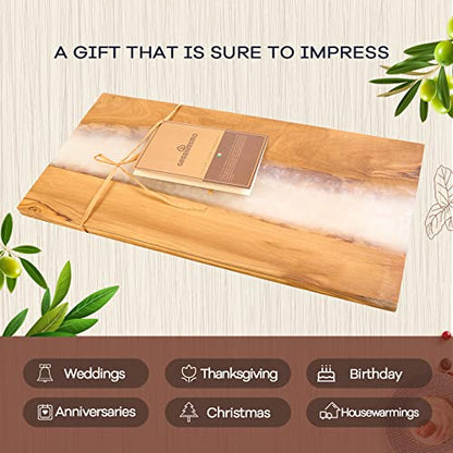 Italian Olive Wood luxury Cheese board with Resin, Charcuterie board, Chopping and Cutting Board for Meat Vegetable & Fruit, Wooden Epoxy Serving Board (White) - color: White