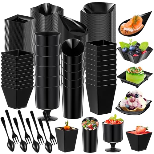 160 Pcs Mini Appetizer Plates Dessert Cups Spoons Forks Set Dessert Containers Assorted Shape Plastic Parfait Cups Disposable Spoon Forks for Party Serving (Black) - color: Black