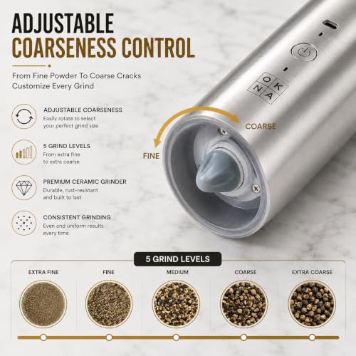 Automatic Electric Gravity Salt and Pepper Grinder Set, Rechargeable, One-Hand Operation, Dual USB-C Charging Cable, Adjustable Ceramic Burr, LED Light, Stainless Steel, 3.4 Oz - color: Stainless Steel