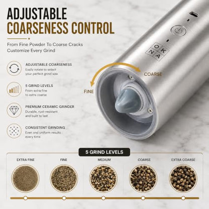 Automatic Electric Gravity Salt and Pepper Grinder Set, Rechargeable, One-Hand Operation, Dual USB-C Charging Cable, Adjustable Ceramic Burr, LED Light, Stainless Steel, 3.4 Oz - color: Stainless Steel