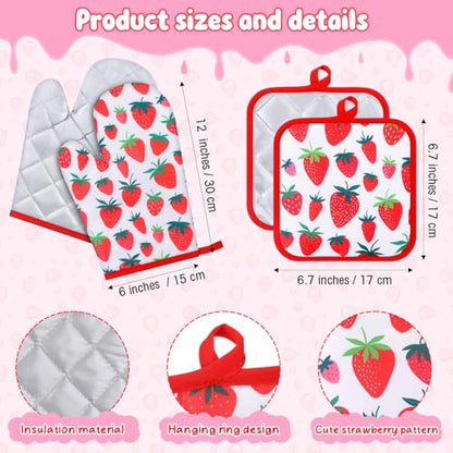 4 Pcs Oven Mitts and Pot Holders Cute Strawberry Oven Gloves and Pot Holders Non Slip Heat Resistant Ovens Mitts for Cooking Baking Accessories Fruit Themed Kitchen Linens, 6"x12"