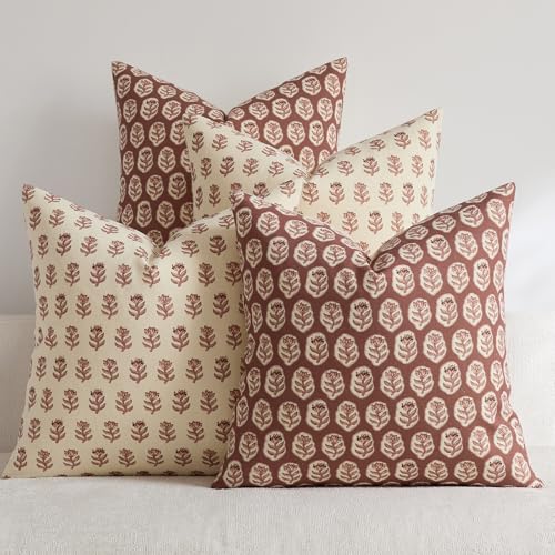 Set of 4 18x18 Floral Pillow Covers, Farmhouse Neutral Print Decorative Throw Pillow Covers for Couch and Living Room Bedroom Home Decor, Vintage Accent Square Pillow Cases, Dusty Maroon - color: Dusty Maroon