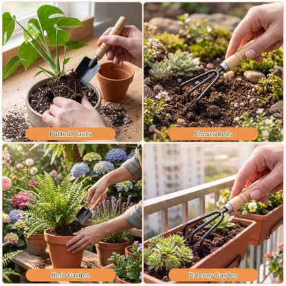 3 Pcs Mini Garden Tool Set with Small Trowel, Mini Shovel & Hand Rake | Iron Gardening Hand Tools with Wood Handle, Potting & Transplanting Tool Kit for Houseplants, Succulents, Herbs & Flowers - color: natural wood-3pcs