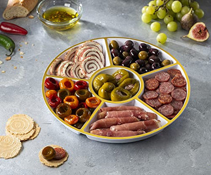 Plasticpro 6 Sectional Round Plastic Serving Tray/Platter (4, White & Gold) - color: White & Gold