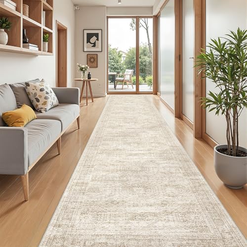2'6 x 16' Runner Rug Non Slip,Washable Kitchen Rugs,Beige | 16ft Runner Rug for Hallway,Entryway,Bedroom,Living Room,Thin,Soft, Extra Long Rug,Stain Resistant Indoor Carpet - color: Beige/Ivory, size: 2'6" x 16' (Runner)