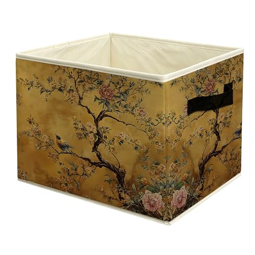 Vintage Gold Chinoiserie Floral Bird Storage Basket Bin with Handles, Oriental Dark Cottagecore Peony Blossom Botanical Collapsible Fabric Storage Organizer for Shelves Closet Clothes Toys - color: colour 14