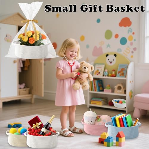 2 Pack Small Woven Rope Basket with Handles, Grey | Empty Gifts Basket with Bag and Ribbons, Cute Handle Organizer Box, Birthday/Baby Shower, Toy Storage - color: 2PC-White