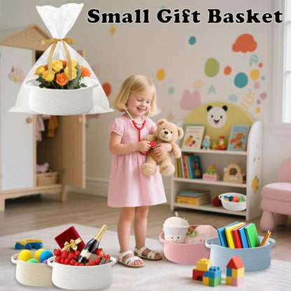 2 Pack Small Woven Rope Basket with Handles, Grey | Empty Gifts Basket with Bag and Ribbons, Cute Handle Organizer Box, Birthday/Baby Shower, Toy Storage - color: 2PC-White