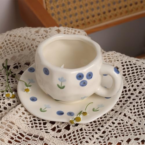 TREEWOO Hand Painted Blueberry Ceramic Coffee Cup and Saucer Set, 250ml/8 oz, Korean Style, Hand Pinched Irregular Cappuccino Latte Tea Cup - color: Blueberry