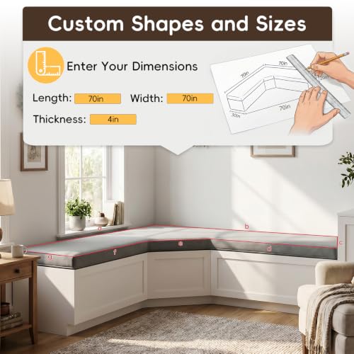 Custom Bench Cushion Waterproof, Non-Slip, Any Shape, 100+Color | 70D High Density Foam, TPU Outdoor Patio Cushion, Indoor Window Seat Cushion, Removable Machine-Washable Zippered Cover