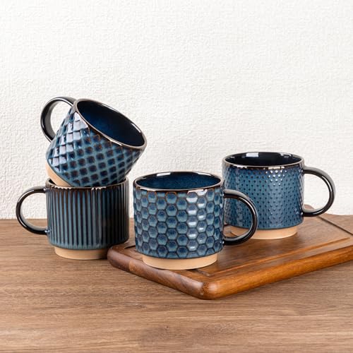 GBhome 12 OZ Stackable Coffee Mugs Set of 4, Ceramic Coffee Cups Set | 4 Assorted Designs, Embossed Mugs with Texture Patterns for Tea/Coffee, Dishwasher&Microwave Safe, Deep Blue - color: Deep Sea, size: 12 Ounces