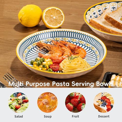 Yeacccng Bohemian Pasta Bowls Set of 8, 8 Inch 24 Oz Ceramic Salad Bowls, Shallow Wide Kitchen Bowls, Lead-Free Cadmium-Free, Dishwasher Microwave Oven Safe, Scratch-Resistant Boho Serving Bowls - size: 8 inch pasta bowl (Colorful*8)