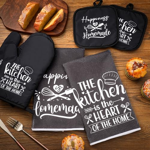 Sratte 12 Pcs Farmhouse Kitchen Decor and Accessories Sets 4 Black and Grey Kitchen Towels 4 Pot Holders 4 Oven Mitts Gloves for Home Rustic Decor Baking Cooking Supply