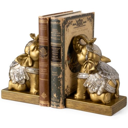 Elephant Book Ends for Shelves, Vintage Decorative Bookends, Book Holders with Anti-Slip Pad for Book Lovers Heavy Book Stopper for Home Office Decor (Gold) - color: Gold