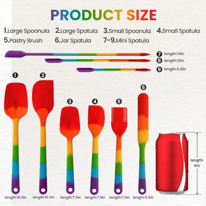 Silicone Spatula Set,9-Piece BPA Free Food Grade Heat Resistant Spatulas for Cooking Baking,Seamless One Piece Design,Non-Stick Safe,Dishwasher Safe,Withstands -104°F to 600°F（Rainbow） - color: Rainbow