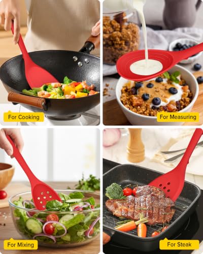 Pack of 4 Silicone Cooking Utensils Set, Non Stick Solid Spatulas and Heat Resistant Slotted Spoons with Back Hooks, Ideal BPA Free Kitchen Utensils Set for Frying,Serving,Turning,Stirring (RED) - color: Red