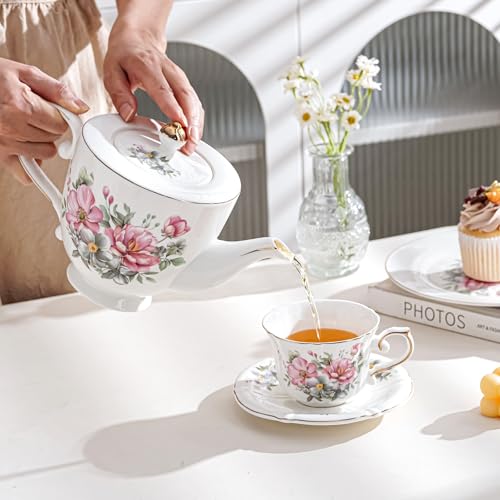 Ceramic Floral Cups with Saucers，7 oz Espresso Cups for Latte Coffee Cafe, Cappuccino and Tea (1, Pink flowers) - color: Pink Flowers
