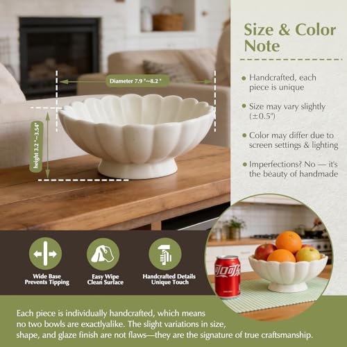 8-Inch Medium Fluted Ceramic Decorative Bowl,Cream White Speckled Fruit Bowl for Kitchen Counter,Key Bowl for Entryway Table,Handcrafted Pedestal Bowl for Coffee Table, Dining Room Centerpiece Bowl ﻿