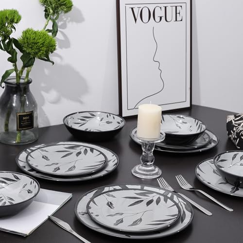 12pcs Dinnerware Set, Melamine Plates and Bowls Sets, Grey Leaves | Farmhouse Tableware Service for 4, Unbreakable Dinner Salad Dessert Plate, Cereal Bowl Set for Outdoor, Durable RV Dishes - color: Grey Leaves