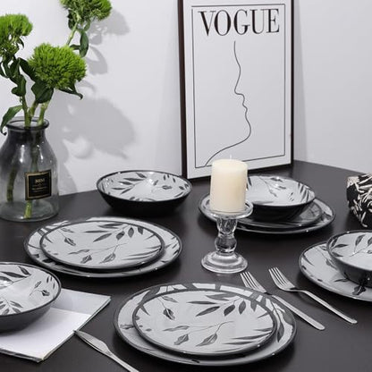 12pcs Dinnerware Set, Melamine Plates and Bowls Sets, Grey Leaves | Farmhouse Tableware Service for 4, Unbreakable Dinner Salad Dessert Plate, Cereal Bowl Set for Outdoor, Durable RV Dishes - color: Grey Leaves