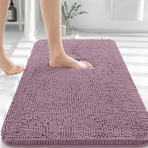 OLANLY Chenille Bathroom Mat and Toilet Rugs U-Shaped, Bath Mat Size 36x24 and Bathroom Rugs Sets Size 30x20+24x20 in Deep Plum, 3 Item Bundle