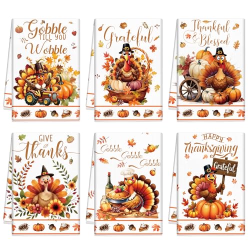 Ganeen 6 Pcs Thanksgiving Turkey Kitchen Towels Fall Dish Hand Towels Decorative Vintage Turkey Gobble Grateful Blessed Thankful Tea Washtowels 14.2 x 21.3 for Bathroom Guest Holiday - color: Turkey