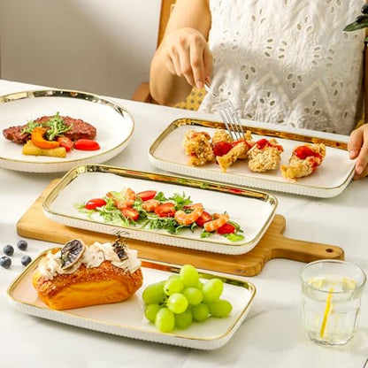 LETAOTAO Serving Platters, Ceramic Serving Platters Set of 4, 12 Inch Rectangular Serving Trays Dishes for Party Entertaining, White Dinner Plates with Gold Trim for Sushi Desserts Appetizers Salad - color: Rectangular White and Gold-4 Pcs