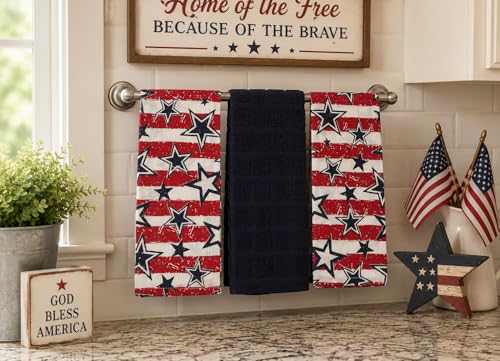 Patriotic Kitchen Pot Holder Oven Mitt Dish Towel Set, 5 Piece, Red White Blue God Bless Design, 100% Cotton - color: God Bless
