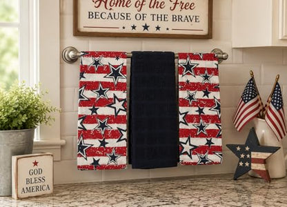 Patriotic Kitchen Pot Holder Oven Mitt Dish Towel Set, 5 Piece, Red White Blue God Bless Design, 100% Cotton - color: God Bless