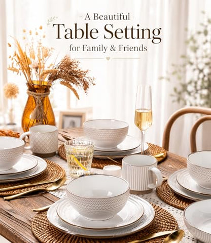 GBHOME Stoneware Dinnerware Set for 4, 12 piece Farmhouse Plates and Bowls | Elegant Embossed Ceramic Dish Set, Scratch Resistant, Microwave & Dishwasher Safe, Off white - color: Off White-Wheat Ear