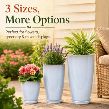 Neoaider Set of 3 Tall Planter, 24/21/12in Large Plastic Planter, WhiteJade | Ceramic-Look, Lightweight, Built-in Drain Hole, Saucers, Tall Outdoor Planter for Porch, Garden, Patio, Balcony - color: White Jade