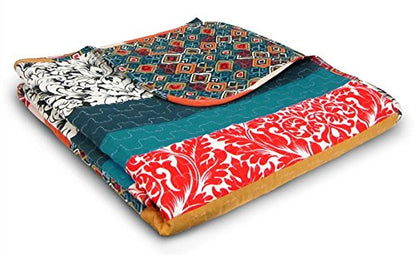 Lush Decor Boho Stripe Reversible Cotton Throw Blanket, 50" W x 60" L, Turquoise & Tangerine - Striped Throw Blankets for Bed - Couch Blanket - Boho Throw Blanket for Couch