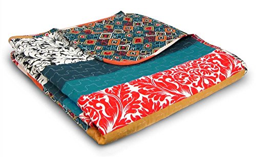 Lush Decor Boho Stripe Reversible Cotton Throw Blanket, 50" W x 60" L, Turquoise & Tangerine - Striped Throw Blankets for Bed - Couch Blanket - Boho Throw Blanket for Couch