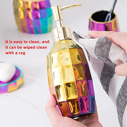 Rainbow Bathroom Accessory Set, Colorful/Gold Mosaic Ceramic Bathroom Accessories Sets Includes Lotion Dispenser, Toothbrush Holder Tumbler, and Soap Dish - color: Rainbow