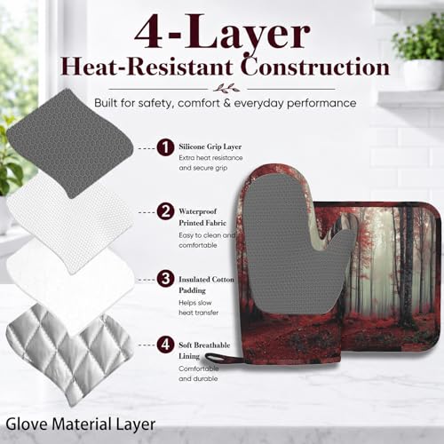 Forest Oven Mitts and Pot Holders Sets Red Trees Landscape Silicone Heat Resistant Kitchen Oven Gloves Pot Holder for Cooking Baking Grilling BBQ - color: Forest