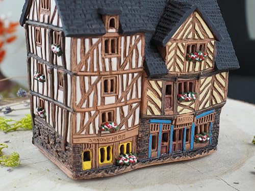 Ceramic Art Tealight Candle Holder Room Decoration Handcrafted Collectible Miniature Aroma Light House Traditional Half-Timbered Houses in The Old Town of Rennes, France B299AR*