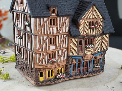 Ceramic Art Tealight Candle Holder Room Decoration Handcrafted Collectible Miniature Aroma Light House Traditional Half-Timbered Houses in The Old Town of Rennes, France B299AR*