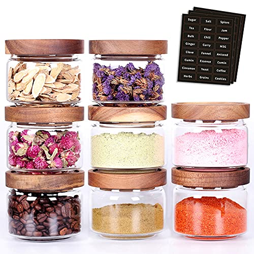 Tzerotone 8 Pcs Spice Containers - 8.5oz Glass Spice Jars With Acacia Airtight Lid and Labels - Stackable Empty Round Spice Bottles for kitchen Seasoning, coffee bean, tea, suger, herbs - color: clear