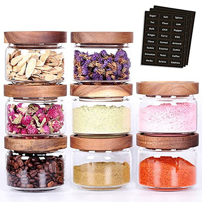 Tzerotone 8 Pcs Spice Containers - 8.5oz Glass Spice Jars With Acacia Airtight Lid and Labels - Stackable Empty Round Spice Bottles for kitchen Seasoning, coffee bean, tea, suger, herbs - color: clear