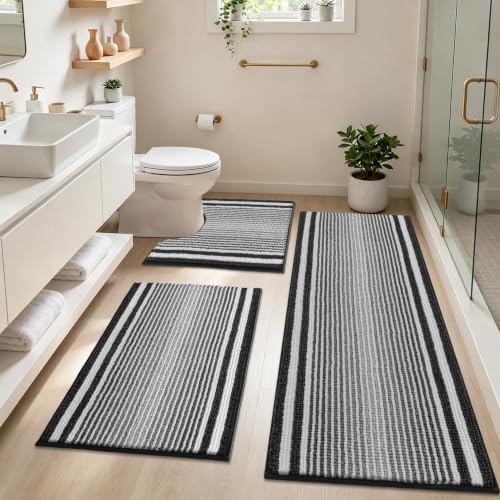 HEBE Chenille Bathroom Rugs Sets 3 Piece, Non Slip Washable Bath Mats Set | Absorbent Bathroom Mat Set, Soft Bath Rugs, Ultra Plush Bath Mat and U-Shaped Contour Toilet Rug Set for Tub Shower, Black - color: Black