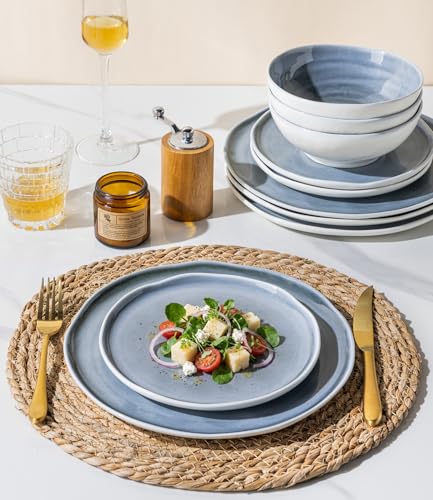 LERATIO Ceramic Dinnerware Sets for 4,12-Piece Plates and Bowls Set | Handmade Wavy Edge porecelian Dish Set,Oven & Microwave,Dishwasher Safe,Scratch Resistant- - size: Service for 4