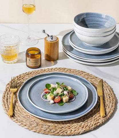 LERATIO Ceramic Dinnerware Sets for 4,12-Piece Plates and Bowls Set | Handmade Wavy Edge porecelian Dish Set,Oven & Microwave,Dishwasher Safe,Scratch Resistant- - size: Service for 4