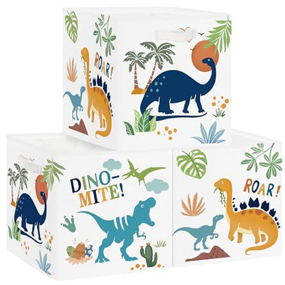 Clastyle 11.8" Dinosaur Storage Basket Set of 3 for Kid Boy Toy Clothes Bin | Collapsible Fabric Book Bin, Metal Frame Bottom Board, Cube Organizer, Closet Nursery Pantry Shelf Bedroom, Boho Dino Palm - color: Palms