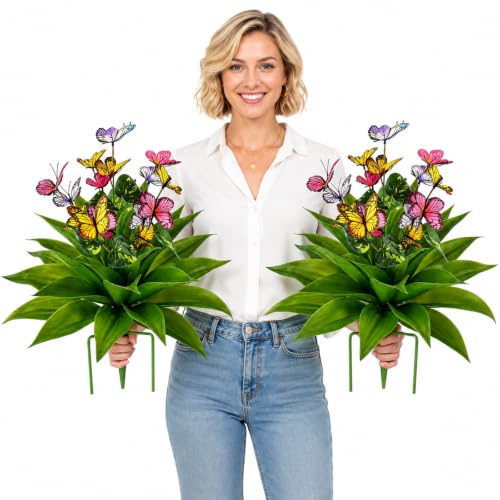 TOMBABY 2 Pack Artificial Agave Plants Outdoor 23.6 Inch, Large UV Resistant Fake Agave Succulent Plants with Ground Stakes, Realistic Faux Agave for Garden Patio Porch Yard Indoor Office Deco - color: Butterfly 2pc