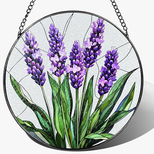 Stained Glass Window Hanging, 8 Inch Lavender Stained Glass Suncatcher, Flower Sun Catcher, Window Hanging Decor, Flower Lovers Gift for Her, Housewarming Gift, Gifts for Lover, Bestie and Couple - color: Lavender Flower