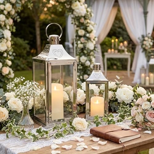 TRIROCKS Set of 2 Stainless Steel Lanterns 17"&12" H Decorative Outdoor Lantern Candle Holder with Tempered Glass for Living Room Wedding Parties Gifts Indoors Outdoors(Silver)