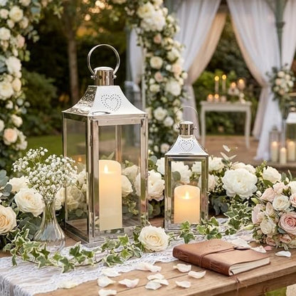 TRIROCKS Set of 2 Stainless Steel Lanterns 17"&12" H Decorative Outdoor Lantern Candle Holder with Tempered Glass for Living Room Wedding Parties Gifts Indoors Outdoors(Silver)