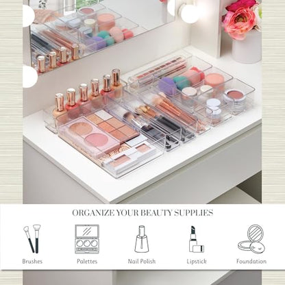 STORi SimpleSort 10-Piece Stackable Clear Drawer Organizer Set | Multi-size Trays | Makeup Vanity Storage Bins and Office Desk Drawer Dividers | Made in USA - size: 10 piece set, style: 10 Piece Set