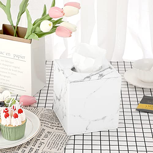 Sumnacon Square Leather Tissue Box Cover - Stylish Cube Tissue Box Holder with Magnetic Bottom, Decorative PU Tissue Box for Vanity Dresser Night Stand Table Countertop Home Office Car, Marble White | Cube Leather Tissue Box Covers,Decorative Tissue Box f